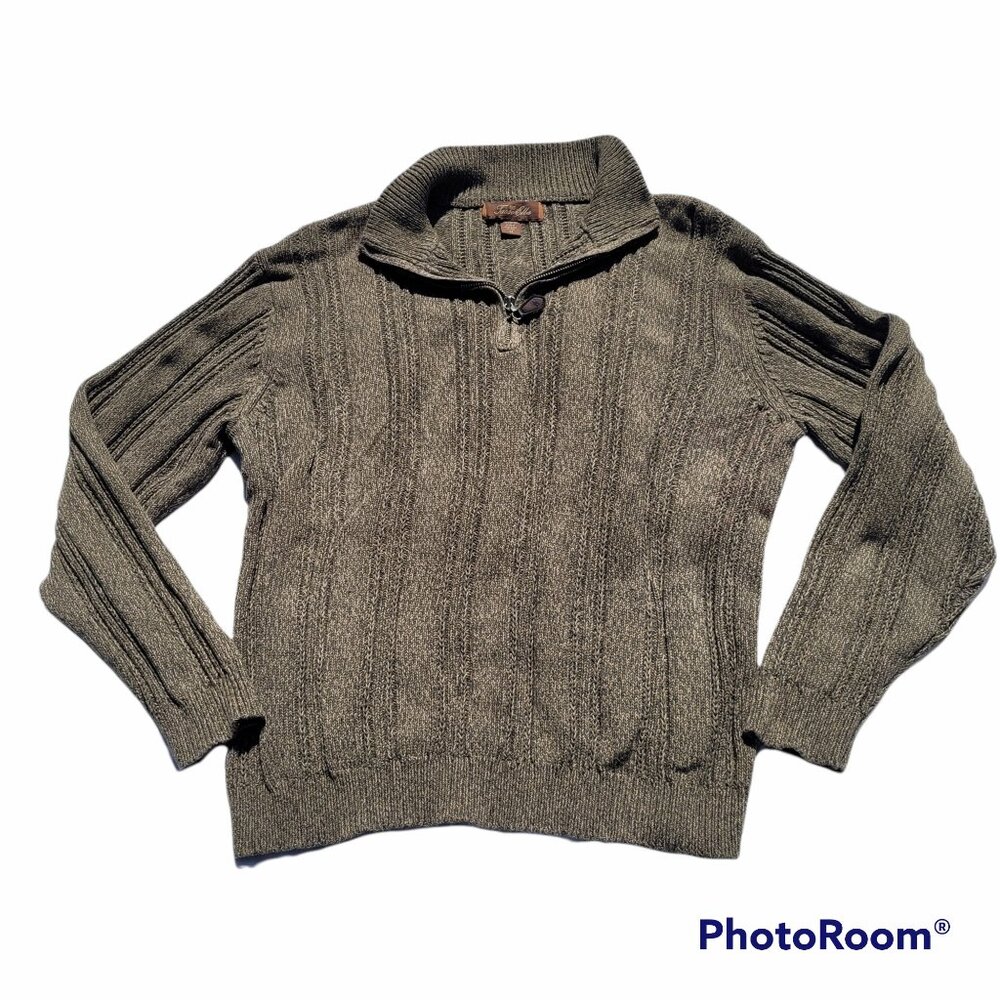 Mens Knit Sweater Pullover Cotton Mock Neck 1/4 Zip Vintage Hong Kong Olive